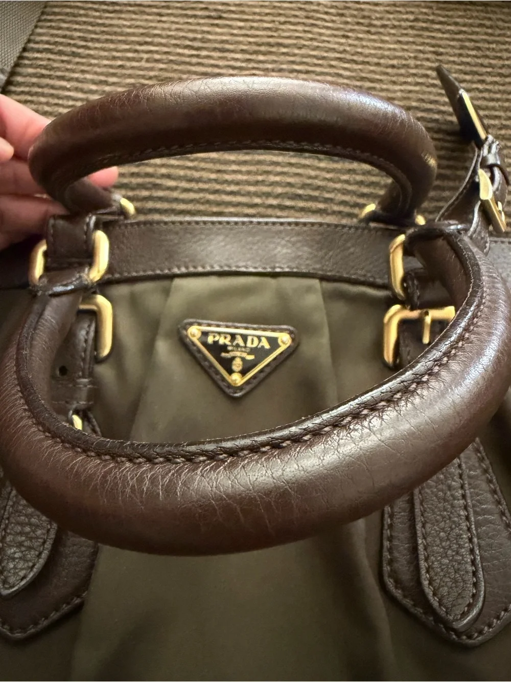 Vintage Dark Olive-Brown Prada Cervo-Trimmed Tessuto Handle Bag
